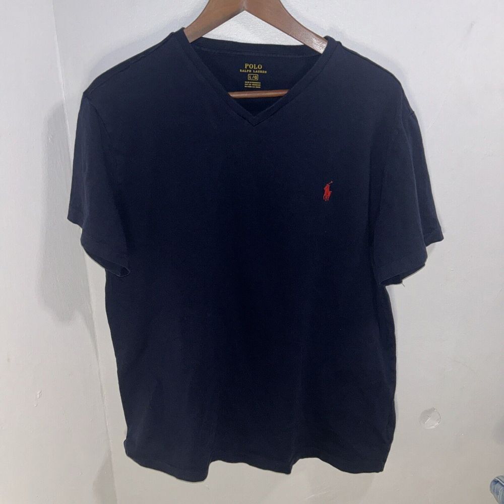 Polo Ralph Lauren Shirt Mens Large Blue 100% Cotton Pony V-Neck Short Sleeve
